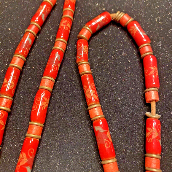 Mod Burnt Orange Beaded Necklace Stone Beads Boho Organic Single Loop Artisan - Picture 2 of 6